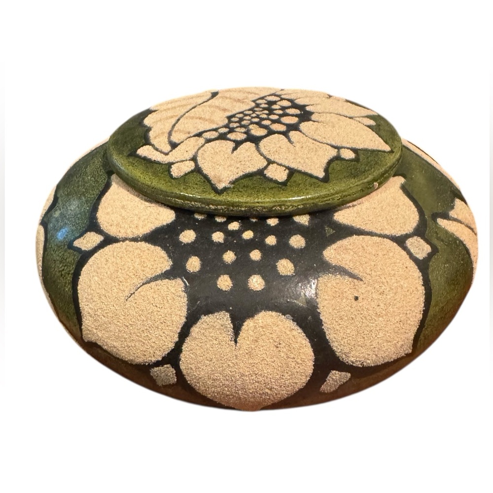 Artistic Handmade Pottery Ceramic Sage Green Urn Trinket Floral Design